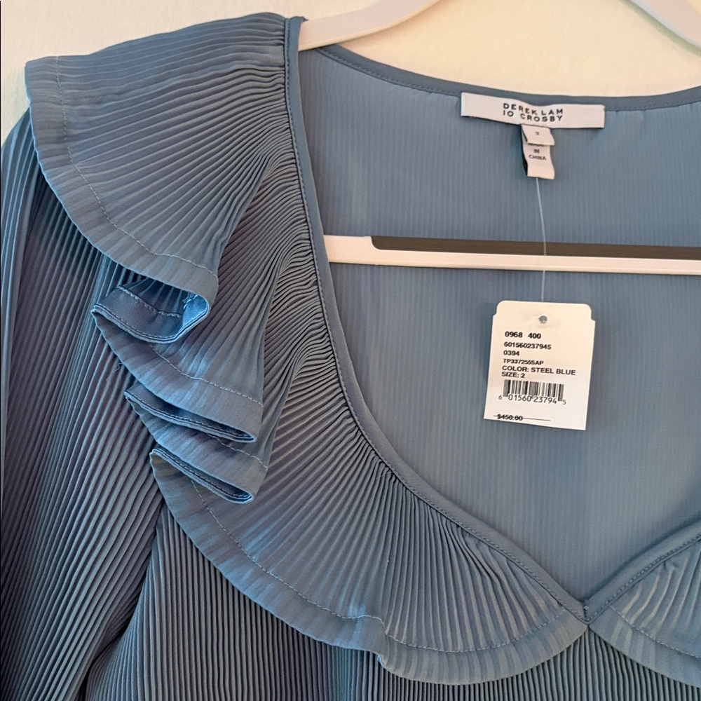 DEREK LAM 10 CROSBY STEEL BLUE PLEATED BLOUSE (2) - Picture 4 of 7